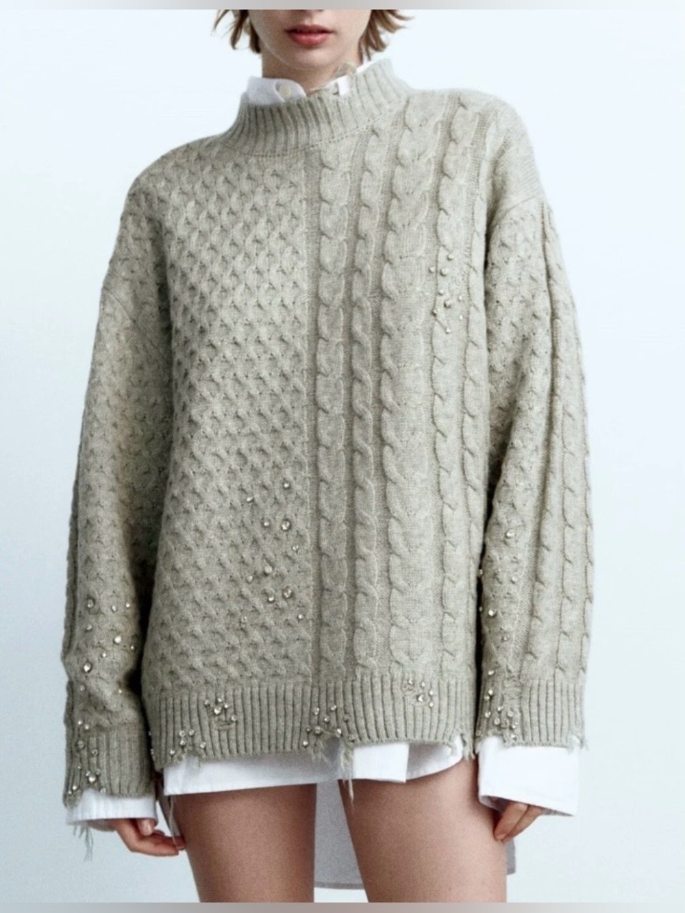 ZARA NWOT Taupe Rhinestone Cable Knit Distressed Sweater M